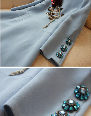 High End Sequined Rose Beaded Blue Dress