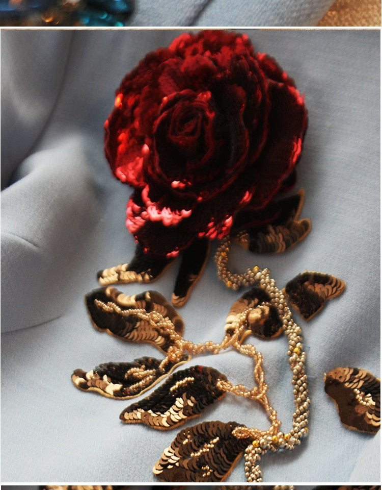 High End Sequined Rose Beaded Blue Dress