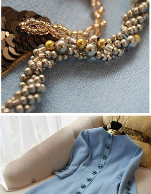High End Sequined Rose Beaded Blue Dress