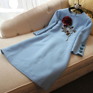 High End Sequined Rose Beaded Blue Dress