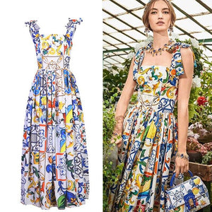 Runway Spaghetti Strap Backless Blue and White Porcelain Floral Print Long Dress