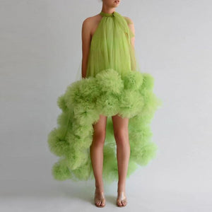 Green Floral Tulle High Low Dresses