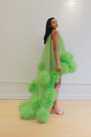 Green Floral Tulle High Low Dresses