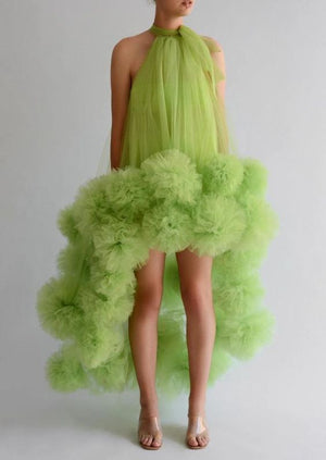 Green Floral Tulle High Low Dresses