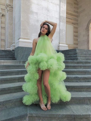 Green Floral Tulle High Low Dresses