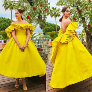 Bright Yellow Short Off The Shoulder Backless Satin Ruffles Gowns
