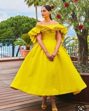 Bright Yellow Short Off The Shoulder Backless Satin Ruffles Gowns