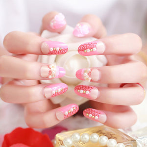 Glue on 24pcs Ladies Fake Nails Transparent Floral Beads Decor Sticker Nail