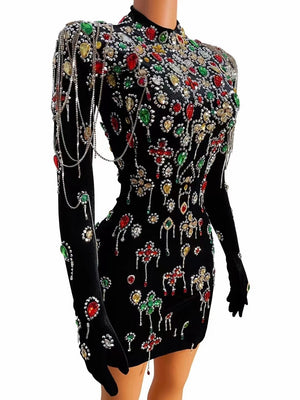 Multi-color Crystal Rhinestone Chain Velvet Short Dress Evening Party Birthday Dress