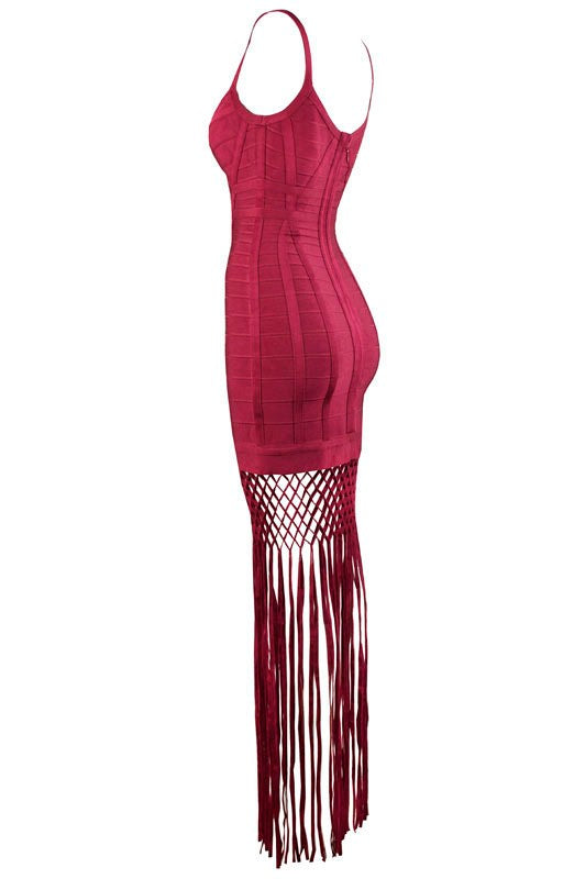 Luxury Elegant Dark Red Tassels Maxi Bandage Dress