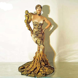 Luxury Rhinestones Gold Ruched 3D Print Long Mermaid  Dress