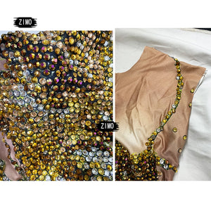 Luxury Rhinestones Gold Ruched 3D Print Long Mermaid  Dress