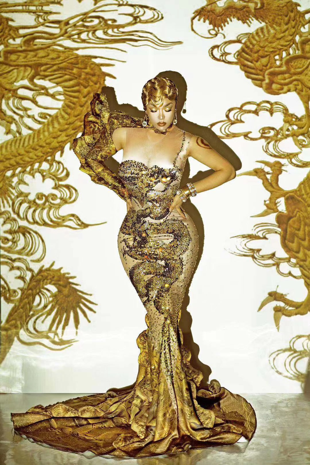 Luxury Rhinestones Gold Ruched 3D Print Long Mermaid  Dress