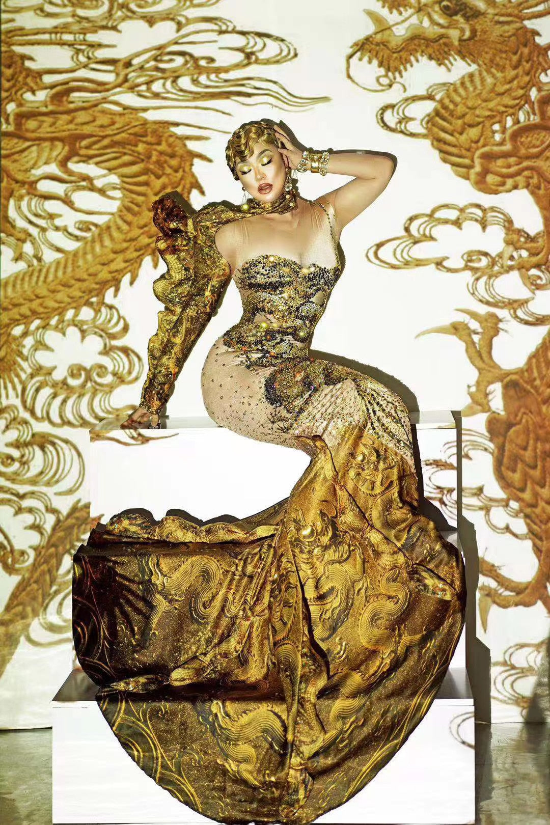 Luxury Rhinestones Gold Ruched 3D Print Long Mermaid  Dress