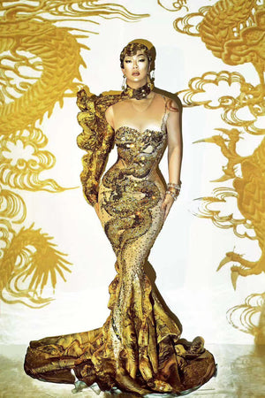 Luxury Rhinestones Gold Ruched 3D Print Long Mermaid  Dress