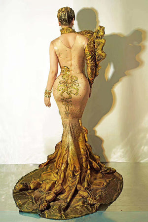 Luxury Rhinestones Gold Ruched 3D Print Long Mermaid  Dress