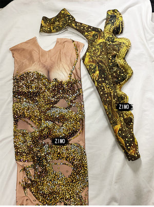 Luxury Rhinestones Gold Ruched 3D Print Long Mermaid  Dress
