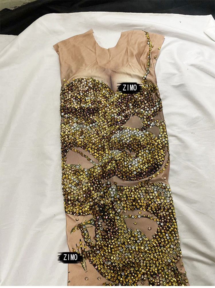 Luxury Rhinestones Gold Ruched 3D Print Long Mermaid  Dress
