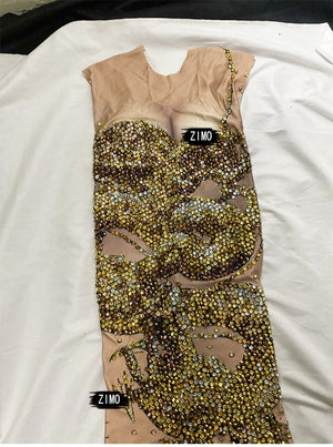 Luxury Rhinestones Gold Ruched 3D Print Long Mermaid  Dress