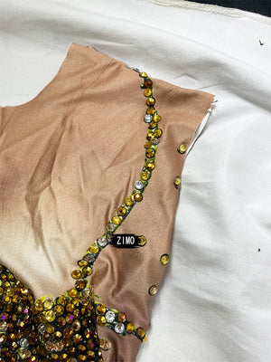 Luxury Rhinestones Gold Ruched 3D Print Long Mermaid  Dress