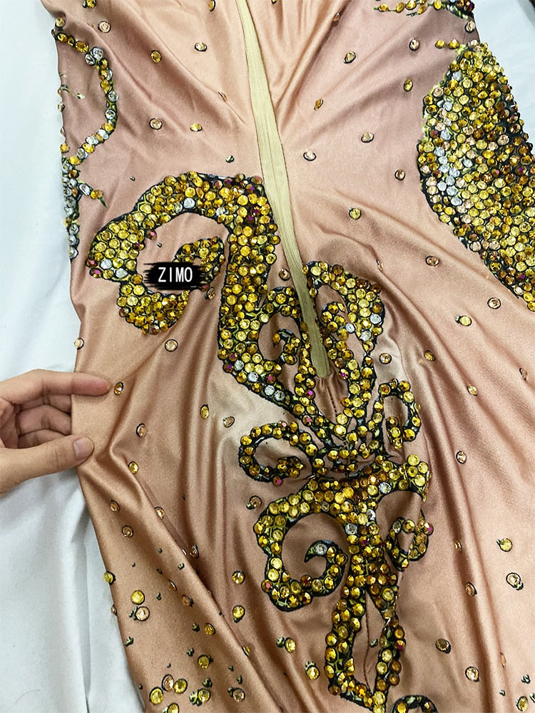 Luxury Rhinestones Gold Ruched 3D Print Long Mermaid  Dress