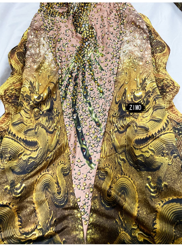 Luxury Rhinestones Gold Ruched 3D Print Long Mermaid  Dress