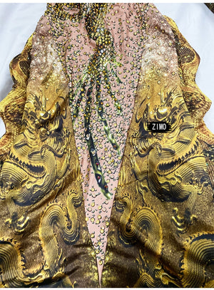 Luxury Rhinestones Gold Ruched 3D Print Long Mermaid  Dress