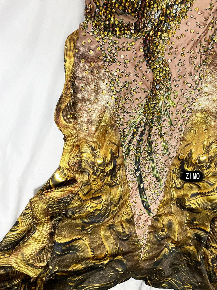 Luxury Rhinestones Gold Ruched 3D Print Long Mermaid  Dress