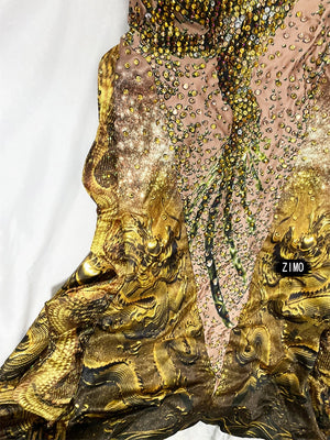 Luxury Rhinestones Gold Ruched 3D Print Long Mermaid  Dress