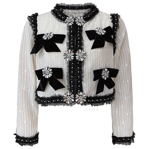 Sequins Cardigan Luxury Long Sleeve Slim Short  Retro Beaded Diamond Bow Lace Jacket