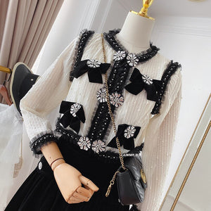 Sequins Cardigan Luxury Long Sleeve Slim Short  Retro Beaded Diamond Bow Lace Jacket