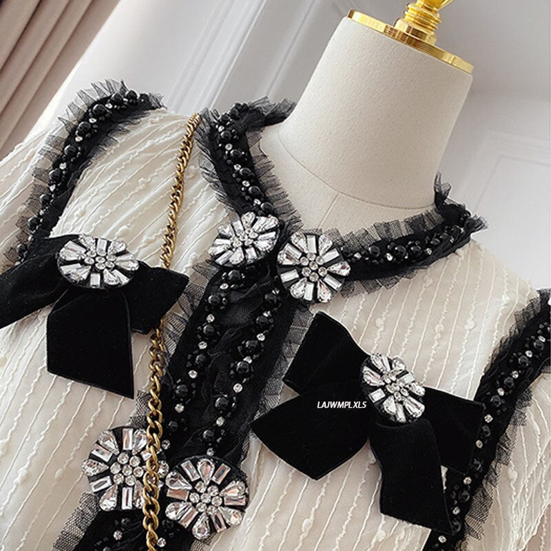 Sequins Cardigan Luxury Long Sleeve Slim Short  Retro Beaded Diamond Bow Lace Jacket