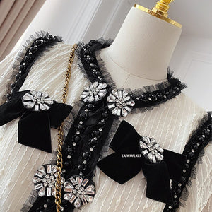 Sequins Cardigan Luxury Long Sleeve Slim Short  Retro Beaded Diamond Bow Lace Jacket