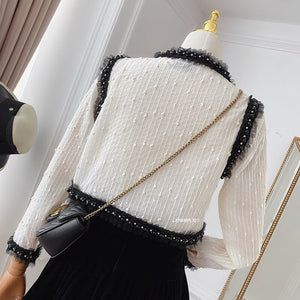 Sequins Cardigan Luxury Long Sleeve Slim Short  Retro Beaded Diamond Bow Lace Jacket