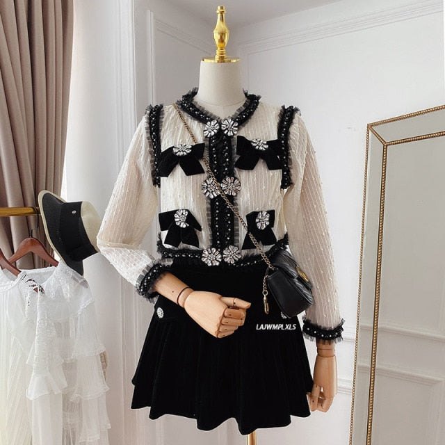 Sequins Cardigan Luxury Long Sleeve Slim Short  Retro Beaded Diamond Bow Lace Jacket