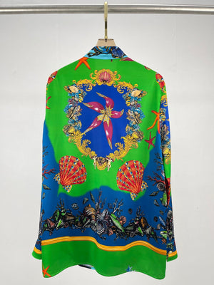 High End Quality Starfish Shell Print Lapel Long Sleeve Shirt Blouse Or High Waist Slit Pleated Skirt