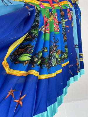 High End Quality Starfish Shell Print Lapel Long Sleeve Shirt Blouse Or High Waist Slit Pleated Skirt
