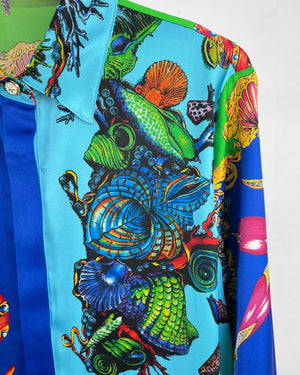 High End Quality Starfish Shell Print Lapel Long Sleeve Shirt Blouse Or High Waist Slit Pleated Skirt