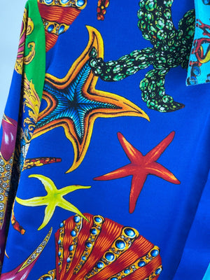 High End Quality Starfish Shell Print Lapel Long Sleeve Shirt Blouse Or High Waist Slit Pleated Skirt