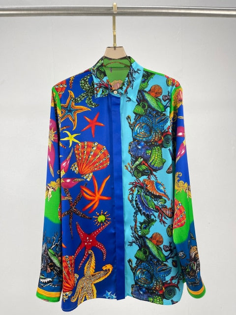 High End Quality Starfish Shell Print Lapel Long Sleeve Shirt Blouse Or High Waist Slit Pleated Skirt