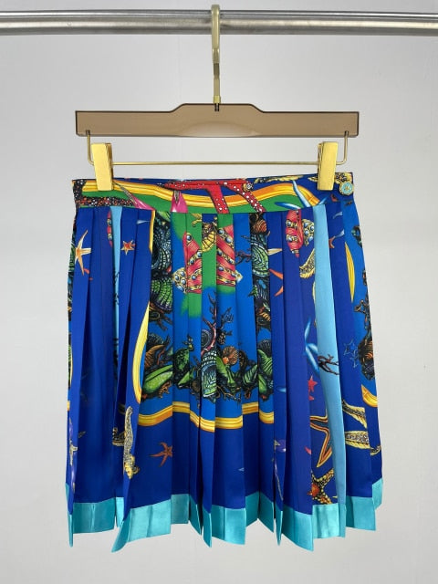 High End Quality Starfish Shell Print Lapel Long Sleeve Shirt Blouse Or High Waist Slit Pleated Skirt