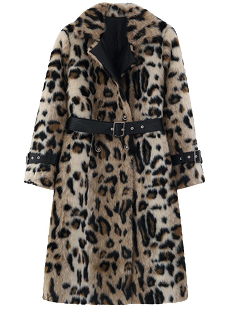 Long Leopard Print Warm Fluffy Faux Fur Trench Coat