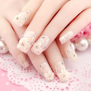 Glue on 24pcs Ladies Fake Nails Transparent Floral Beads Decor Sticker Nail
