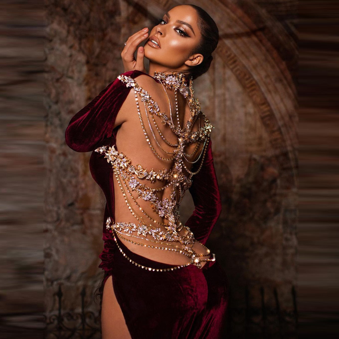 Luxury Crystals With Long Train Velvet High Split High Neck Long Sleeves Mermaid  Ruffles Gown