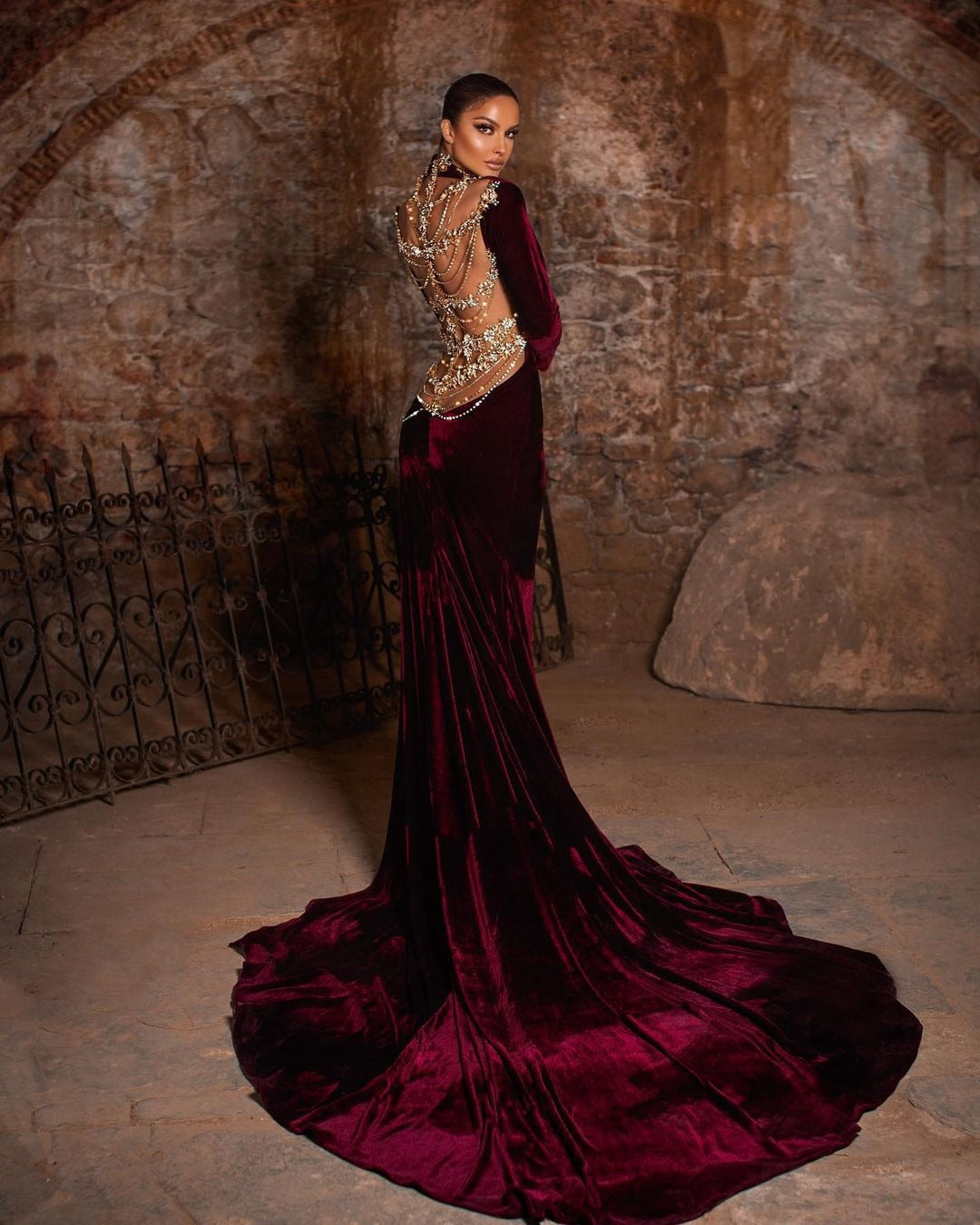 Luxury Crystals With Long Train Velvet High Split High Neck Long Sleeves Mermaid  Ruffles Gown