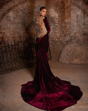 Luxury Crystals With Long Train Velvet High Split High Neck Long Sleeves Mermaid  Ruffles Gown