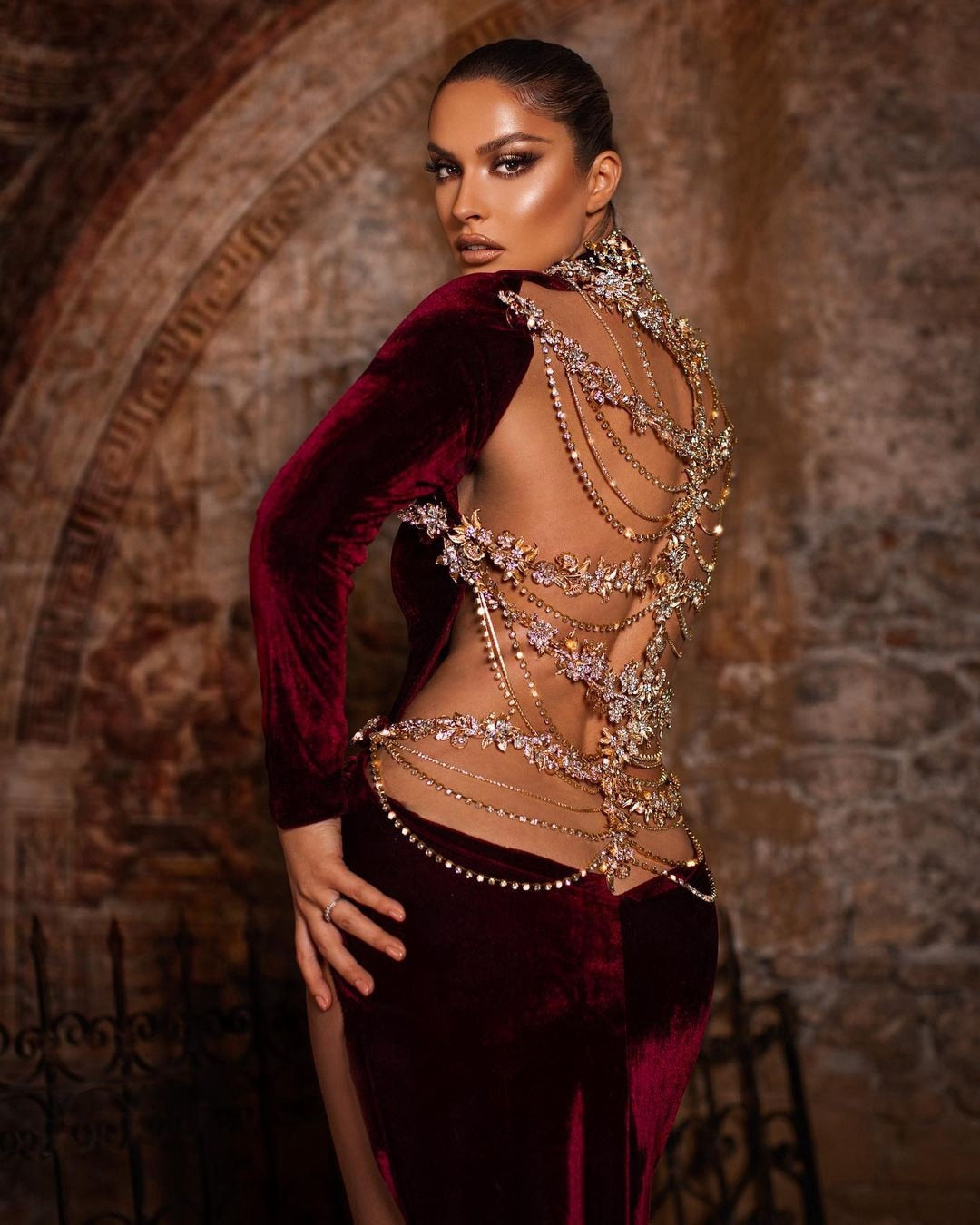 Luxury Crystals With Long Train Velvet High Split High Neck Long Sleeves Mermaid  Ruffles Gown