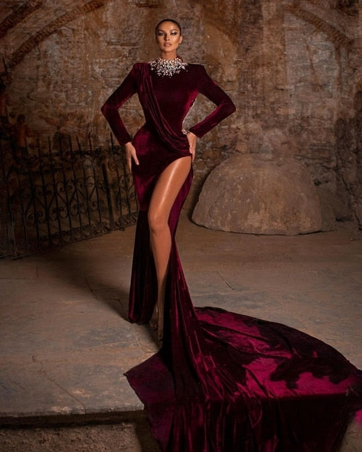Luxury Crystals With Long Train Velvet High Split High Neck Long Sleeves Mermaid  Ruffles Gown