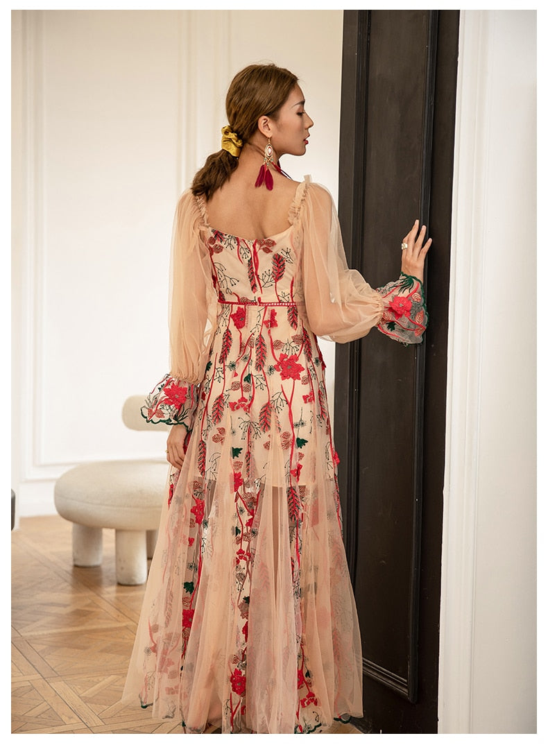 Designer Flower Embroidery Lantern Sleeve Sheer Long Dresses