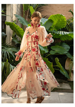Designer Flower Embroidery Lantern Sleeve Sheer Long Dresses